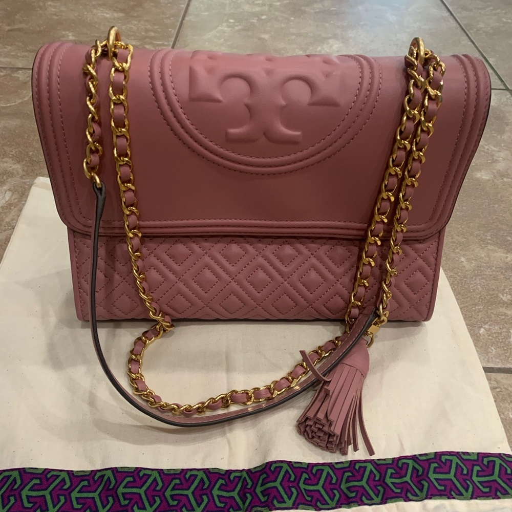 Tory Burch Pink Quilted Leather Shoulder Bag with Gold Chain